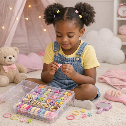 Honey Beedzz Girls Hair Accessories Set – 100+ PCS Colourful Mini Hair Ties & Claw Clips in a Storage Box for Kids & Toddlers