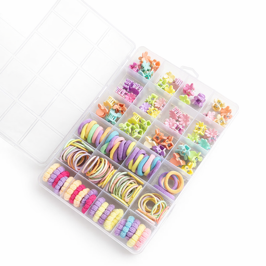 Honey Beedzz Girls Hair Accessories Set – 100+ PCS Colourful Mini Hair Ties & Claw Clips in a Storage Box for Kids & Toddlers