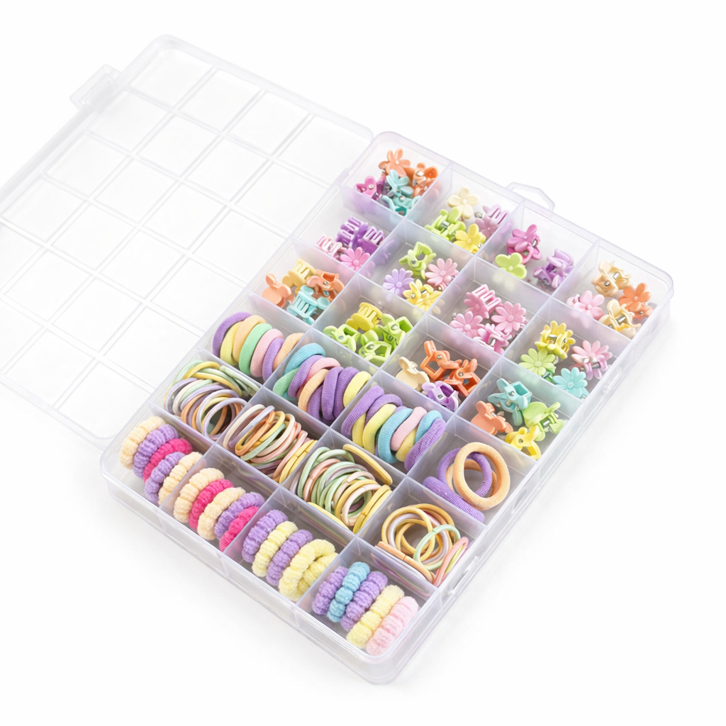 Honey Beedzz Girls Hair Accessories Set – 100+ PCS Colourful Mini Hair Ties & Claw Clips in a Storage Box for Kids & Toddlers