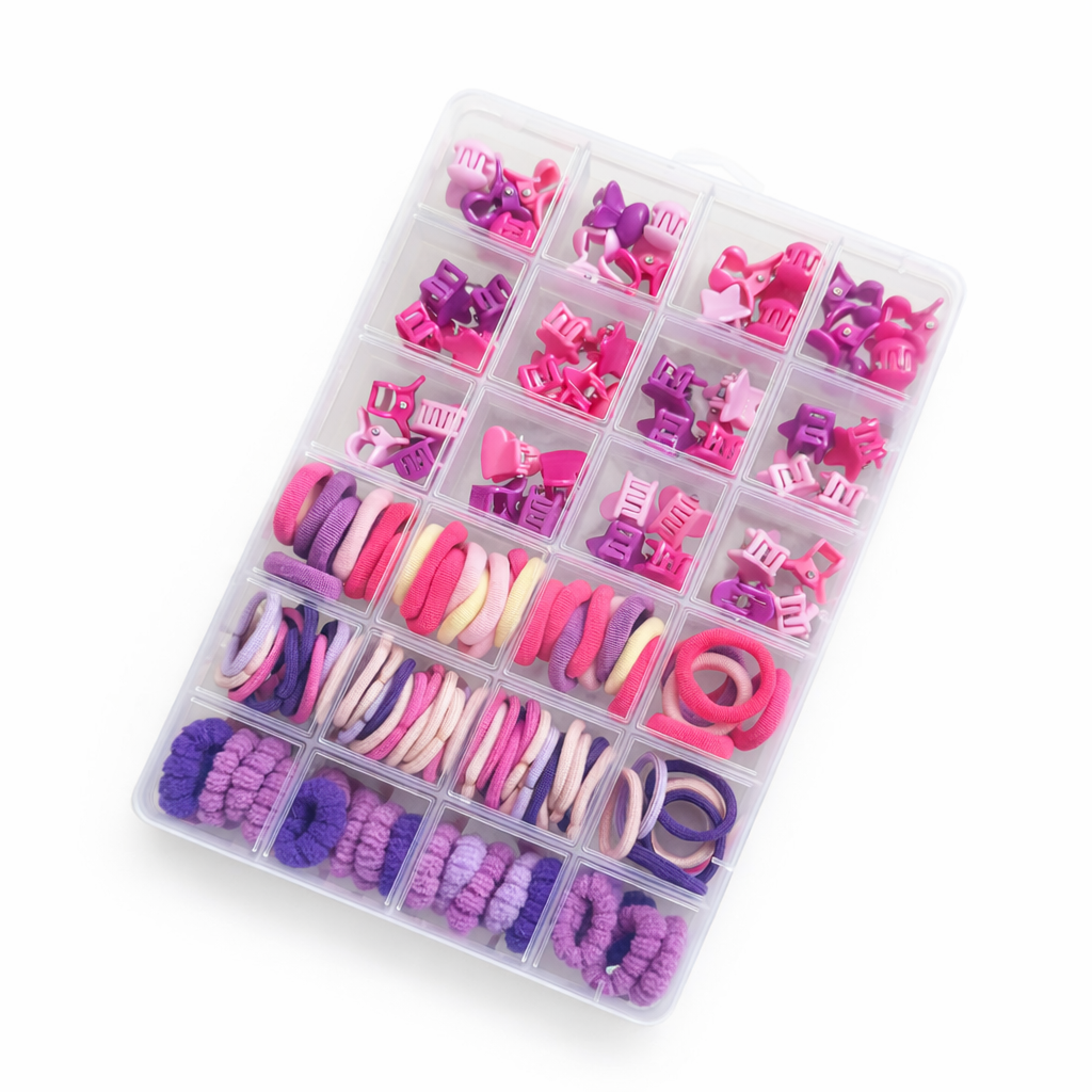 Honey Beedzz Girls Hair Accessories Set – 100+ PCS Colourful Mini Hair Ties & Claw Clips in a Storage Box for Kids & Toddlers