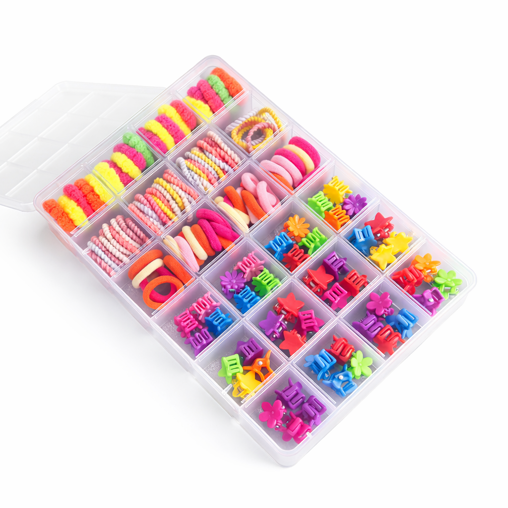 Honey Beedzz Girls Hair Accessories Set – 100+ PCS Colourful Mini Hair Ties & Claw Clips in a Storage Box for Kids & Toddlers